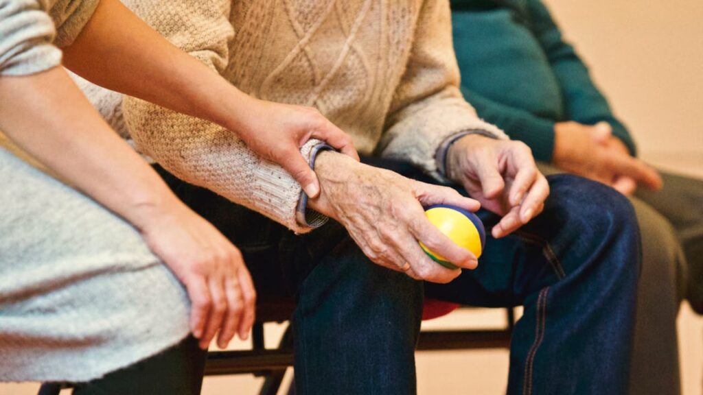 pexels photo 339620 An elderly person receives support from a caregiver, holding hands indoors, showcasing compassion.